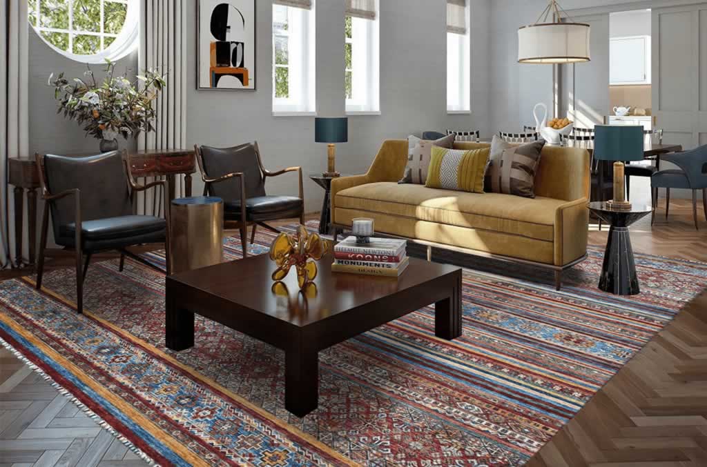 A colourful Persian oriental rug in a home